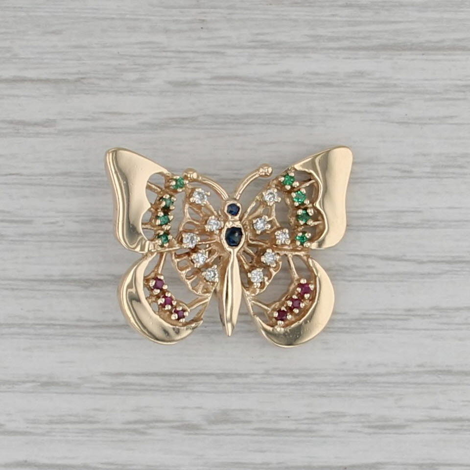 0.60ctw Gemstone Butterfly Pendant 14k Yellow Gold Diamond Ruby Emerald Sapphire