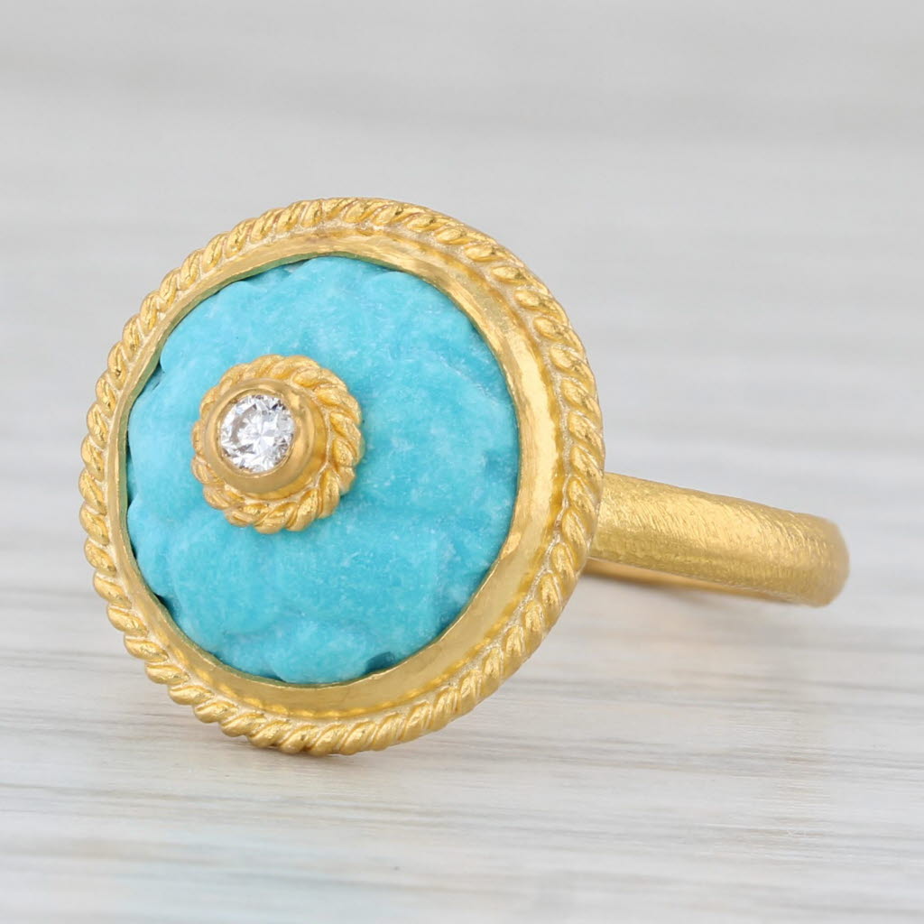 Light Gray Cevherun Rosette Carved Turquoise Flower Diamond Ring 24k Yellow Gold Size 7.25