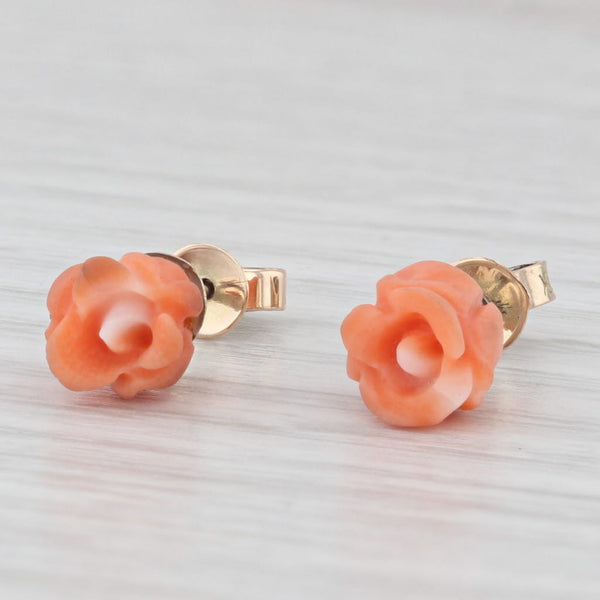 Carved Coral Rose Stud Earrings 14k Yellow Gold