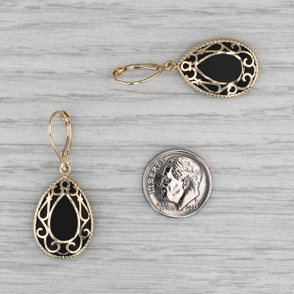 Ornate Onyx Teardrop Dangle Earrings 14k Yellow Gold Leverbacks