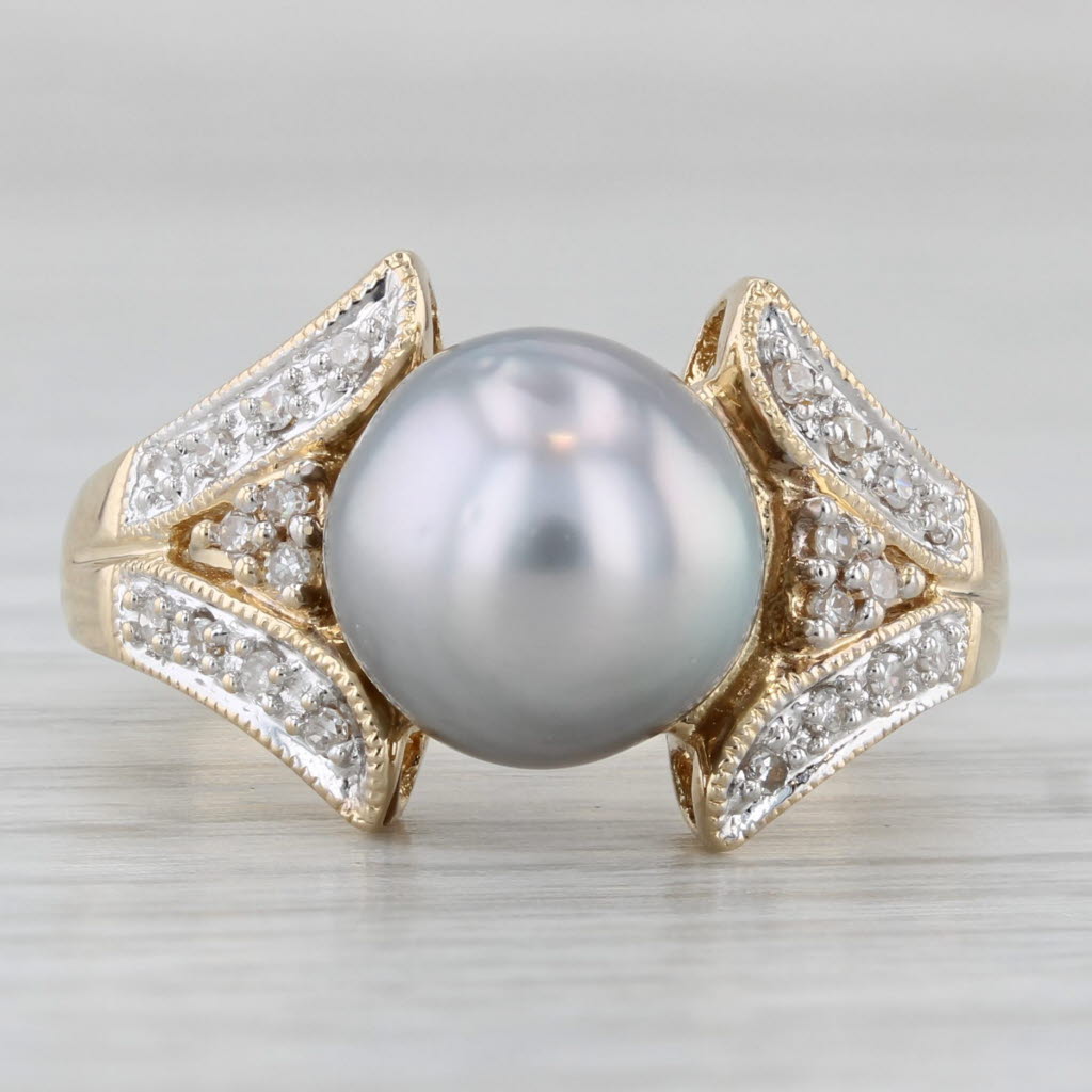 Gray Gray Dyed Cultured Pearl Diamond Ring 14k Yellow Gold Size 6.5