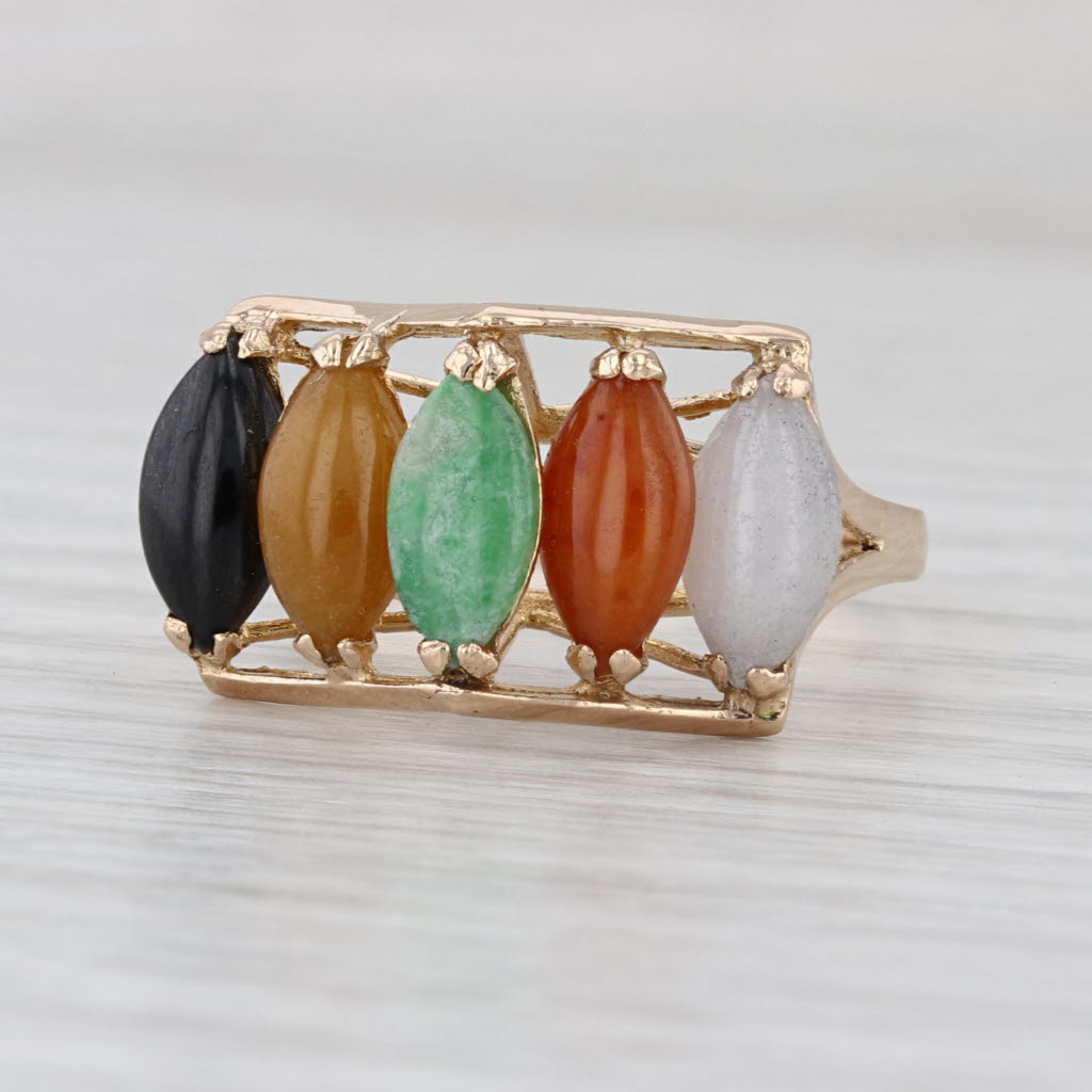 Jadeite Jade Marquise Cabochon 5-Stone Ring 14k Yellow Gold Size 9.5