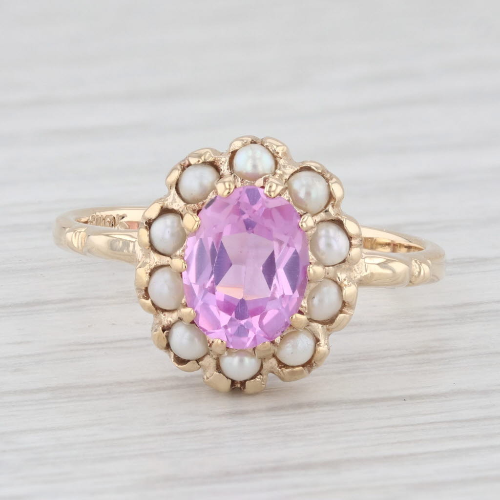 Light Gray 1.75ct Lab Created Pink Sapphire Diamond Pearl Ring 10k Yellow Gold Size 6.75