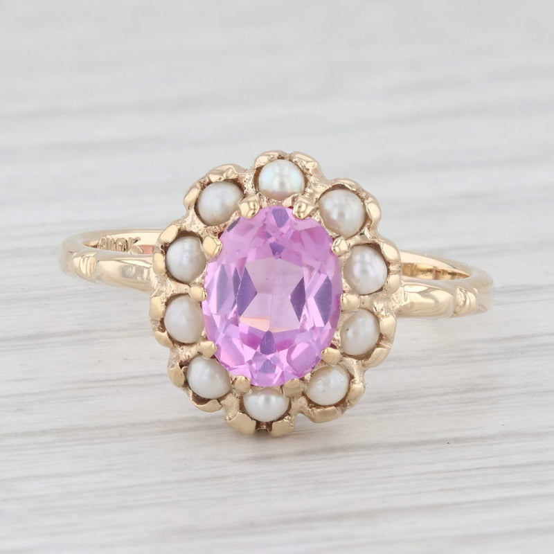 1.75ct Lab Created Pink Sapphire Diamond Pearl Ring 10k Yellow Gold Size 6.75