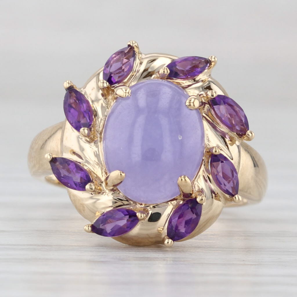 Light Gray Lavender Jadeite Jade Amethyst Ring 14k Yellow Gold Size 6.25 Oval Cabochon