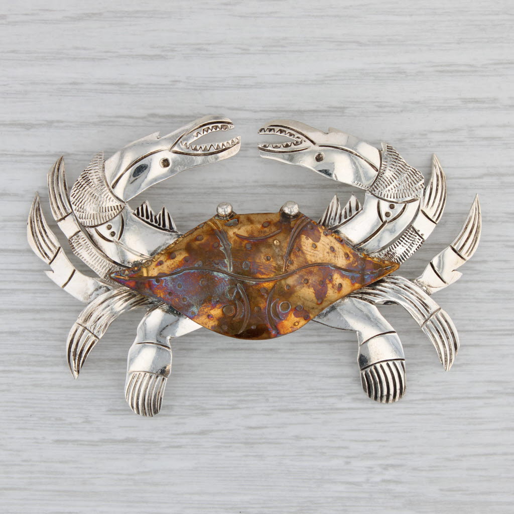 Gray Large Crab Brooch Sterling Silver Brass Nautical Jewelry Pin Courtney Peterson