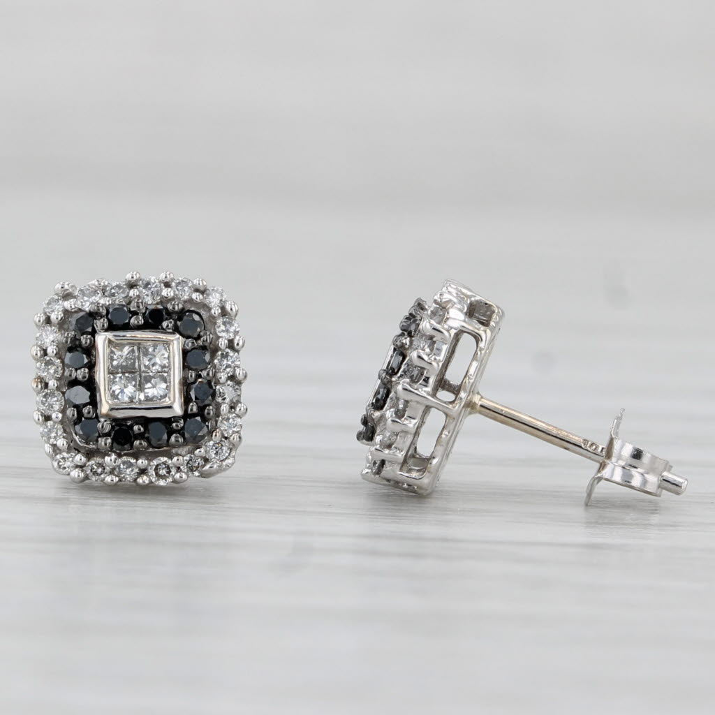 Light Gray 0.38ctw Black White Diamond Halo Stud Earrings 10k White Gold