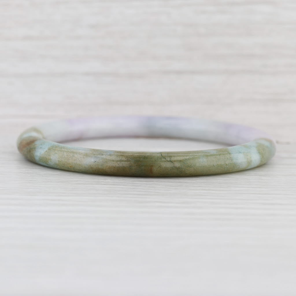Marbled Green Jadeite Jade Bangle Bracelet 6.75” 6mm Stackable Statement
