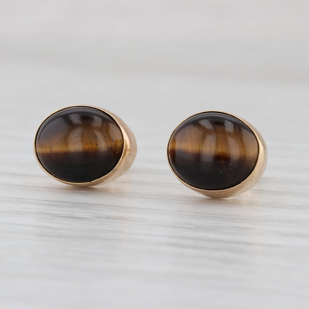 Tiger's Eye Oval Cabochon Solitaire Stud Earrings 14k Yellow Gold
