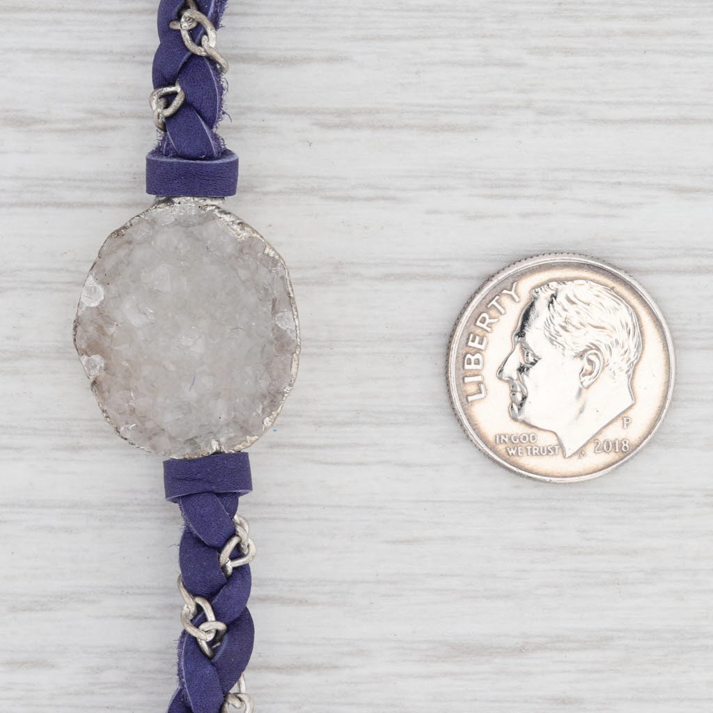 New Nina Wynn Cordelia Necklace White Druzy Pendant Woven Purple Leather NWT