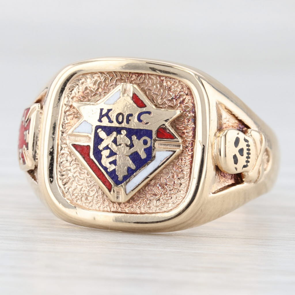 Light Gray Knights of Columbus Signet Ring 10k Yellow Gold Size 10.75 Cross Skull K of C