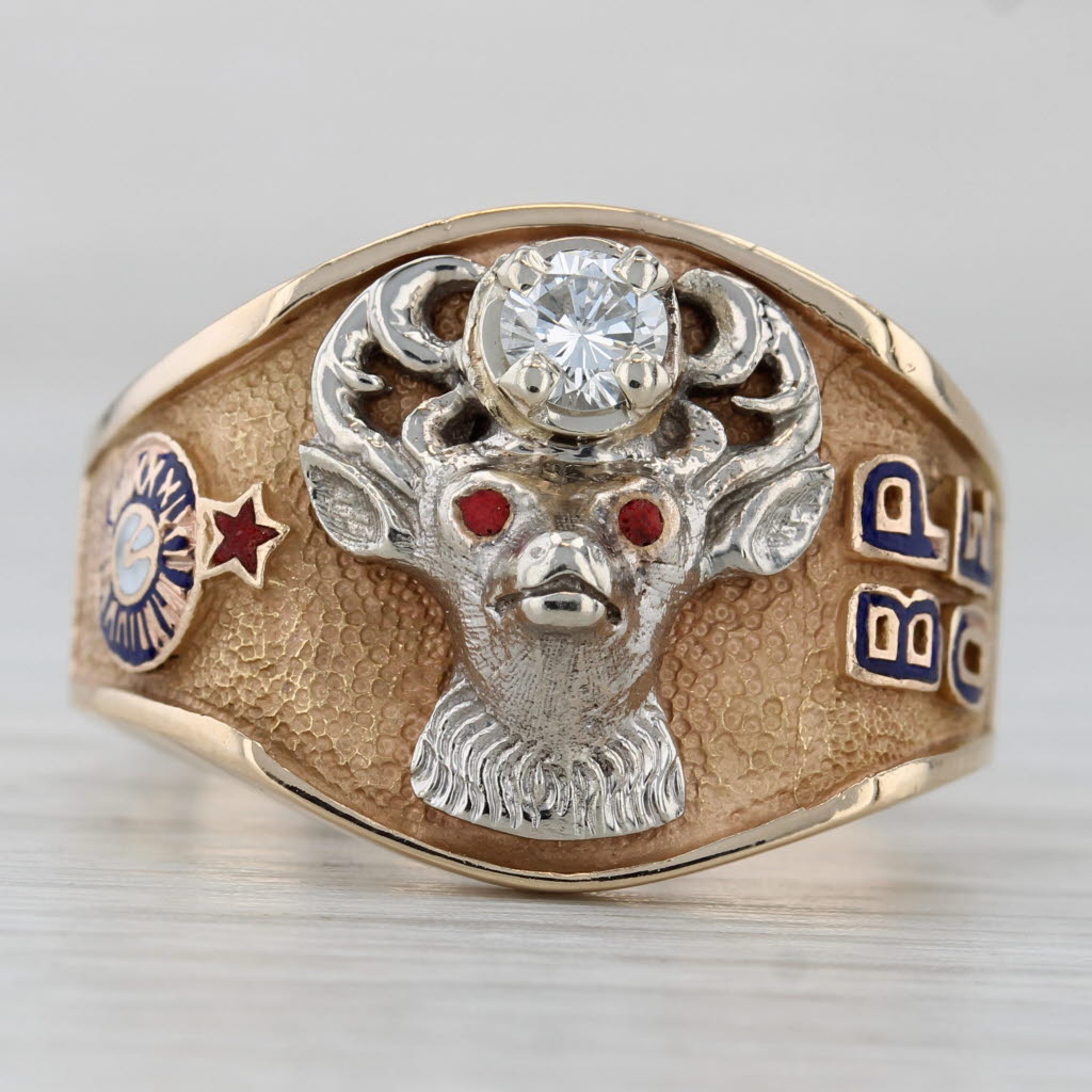 Gray Elks BPOE Signet Ring 14k Yellow White Gold 0.25ct Diamond Size 9.75 Vintage