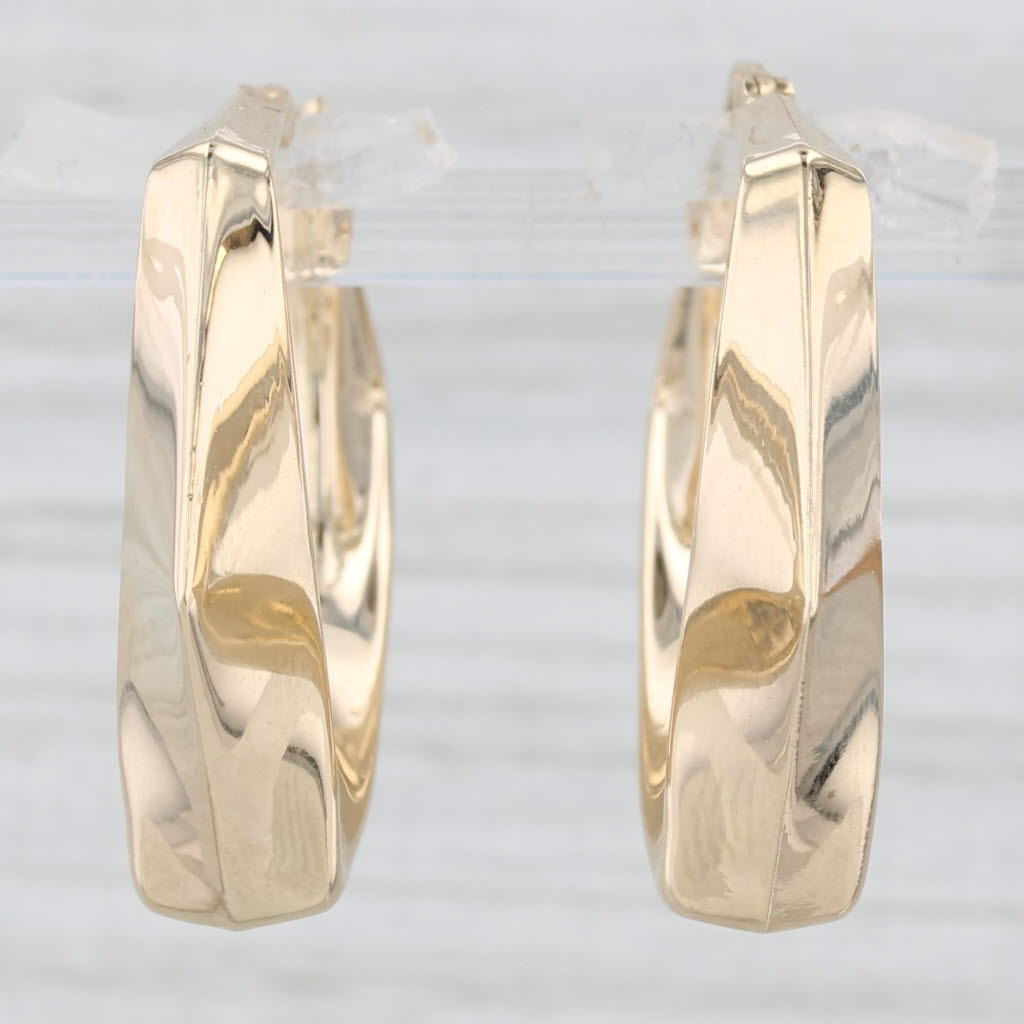 Light Gray Beveled Hoop Earrings 14k Yellow Gold Snap Top Round Hoops