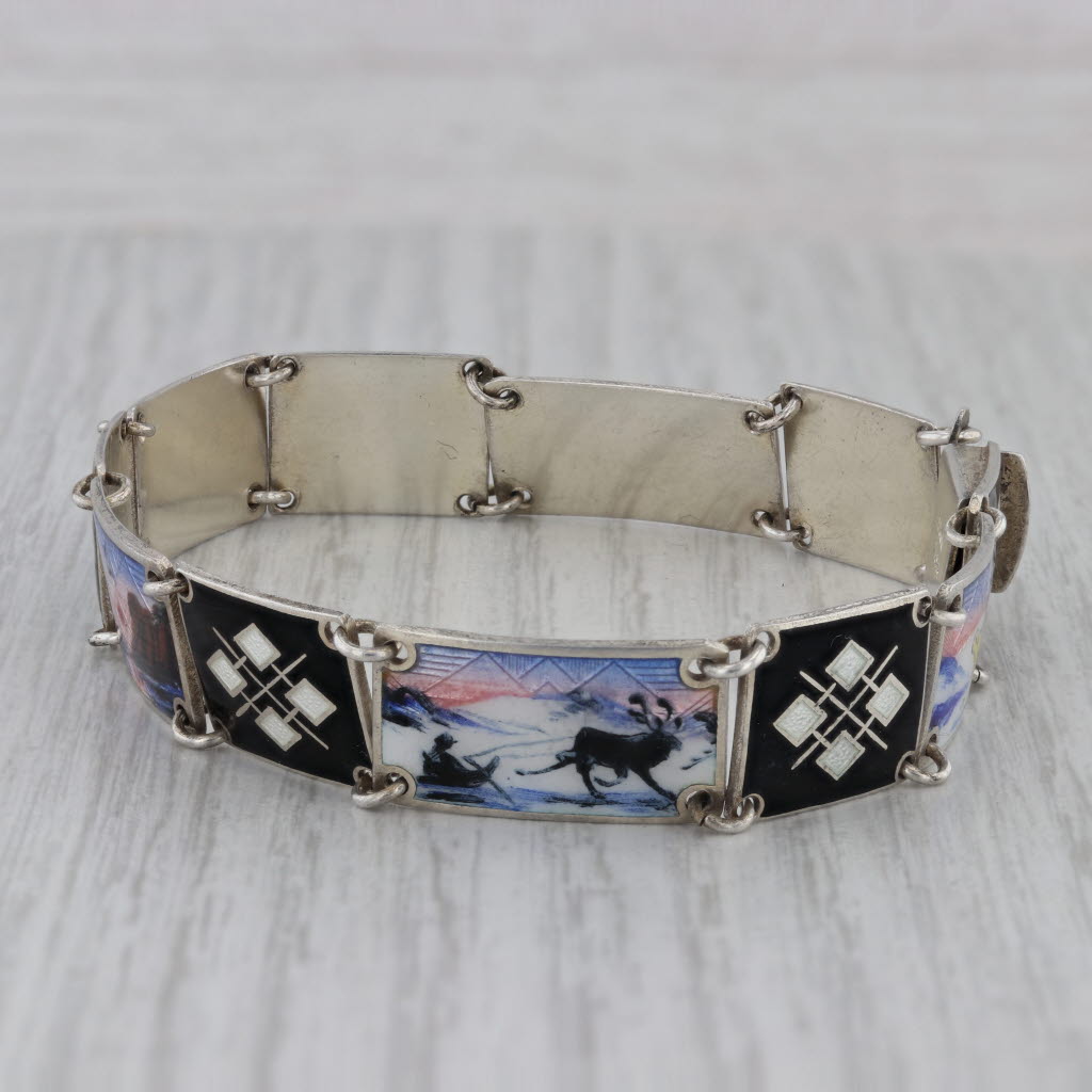 Dark Gray Vintage Norwegian Guilloche Enamel Bracelet Sterling Silver Meldahl Norway