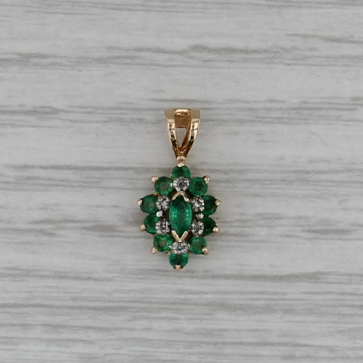 0.52ctw Emerald Diamond Pendant 14k Yellow Gold Small Flower Drop