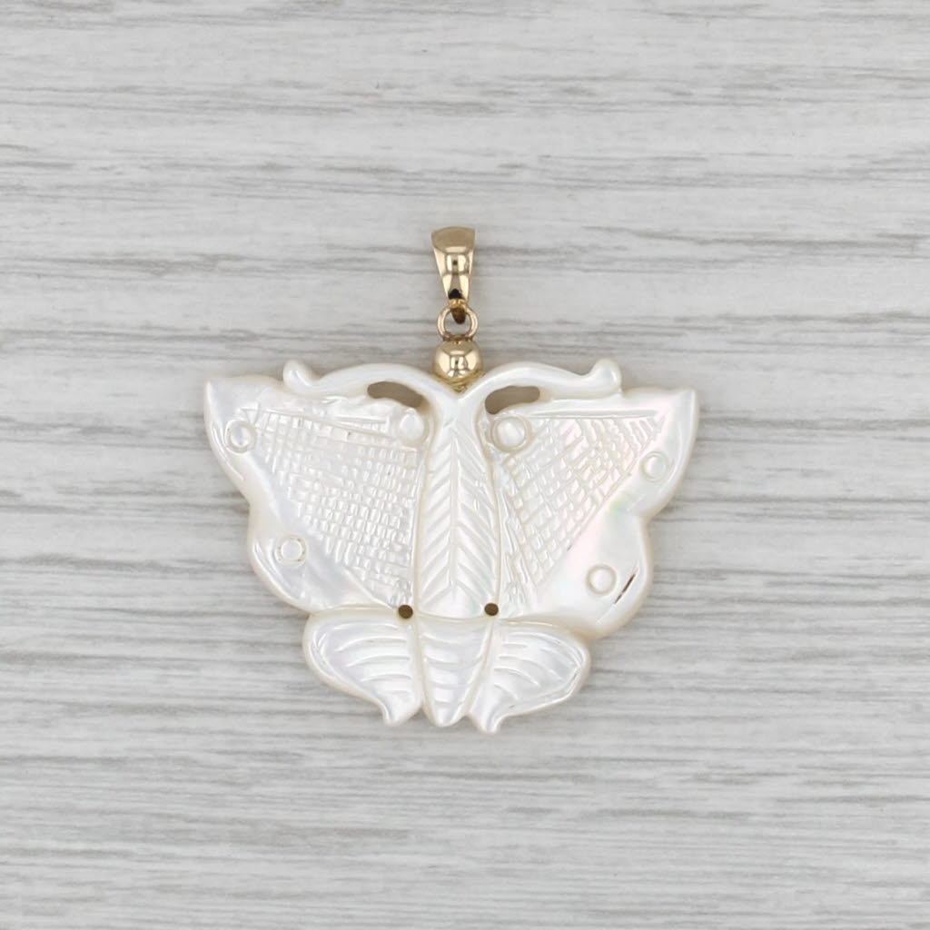 Carved Butterfly Mother of Pearl Pendant 14k Yellow Gold