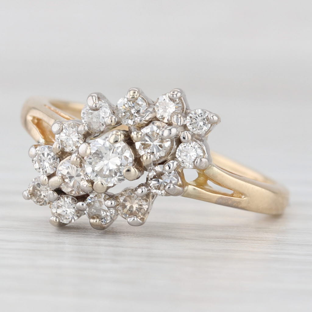 Light Gray 0.90ctw Diamond Cluster Ring 14k Yellow White Gold Size 9.5