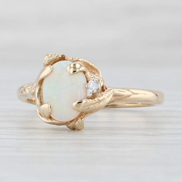 Light Gray Floral Oval Opal Cabochon Diamond Ring 14k Yellow Gold Size 9.25