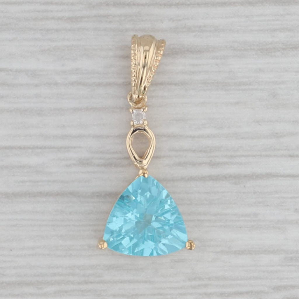 Gray 1.00ct Blue Apatite Diamond Drop Pendant 10K Yellow Gold Trillion Solitaire