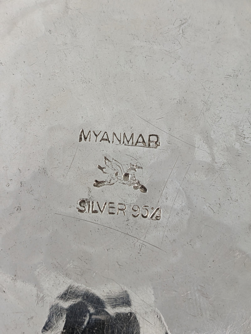 Dark Gray Vintage Figural 950 Silver Large Bowl Repousse Myanmar Burma Handmade Asian
