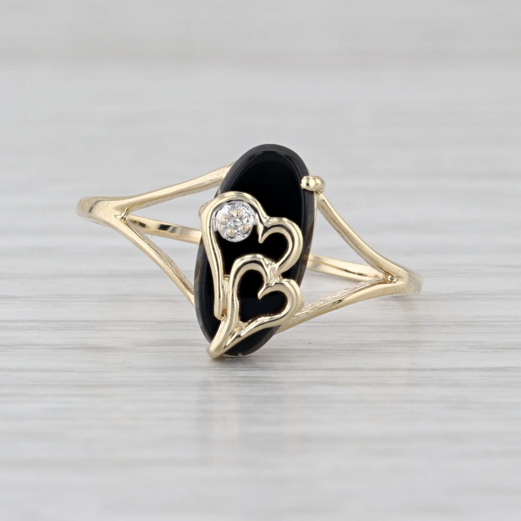 Vintage Onyx Diamond Hearts Signet Ring 10k Yellow Gold Size 9
