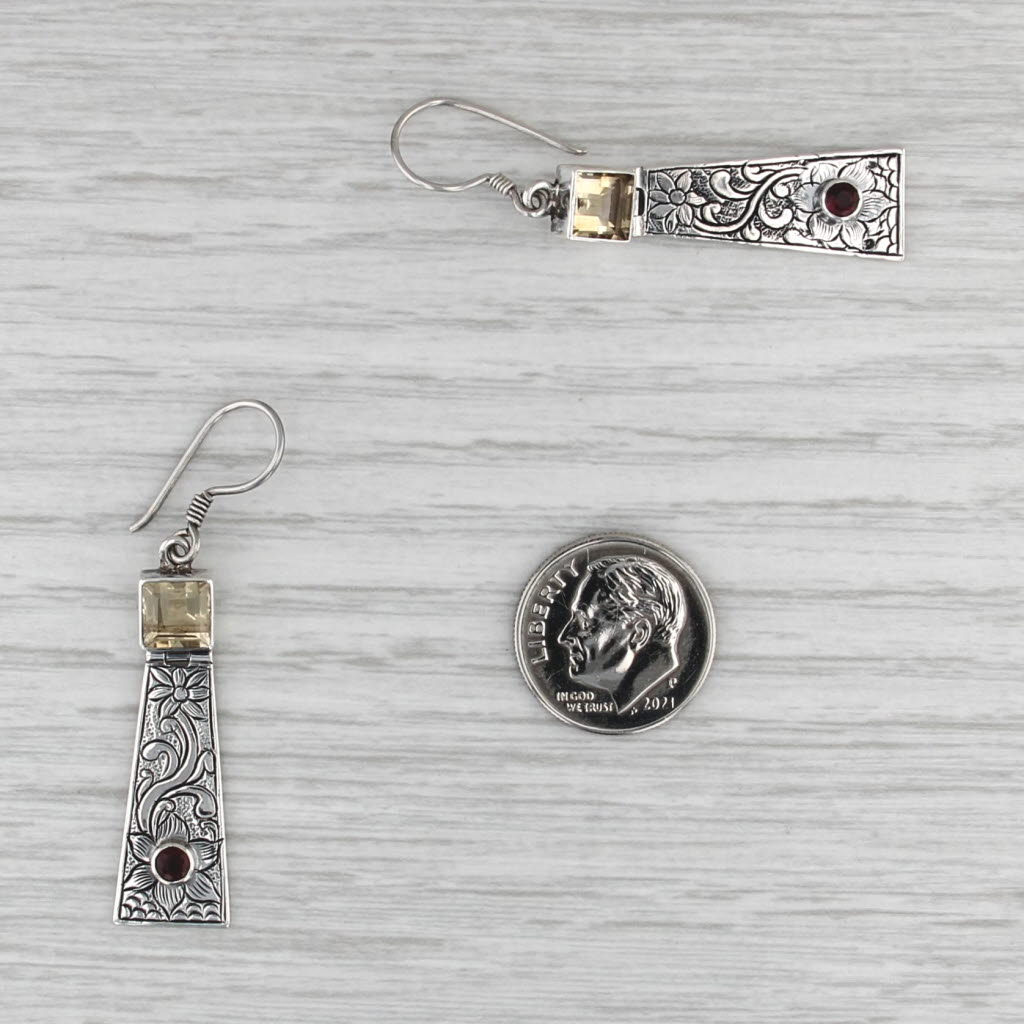 2.44ctw Citrine Garnet Floral Dangle Earrings Sterling Silver Hook Posts