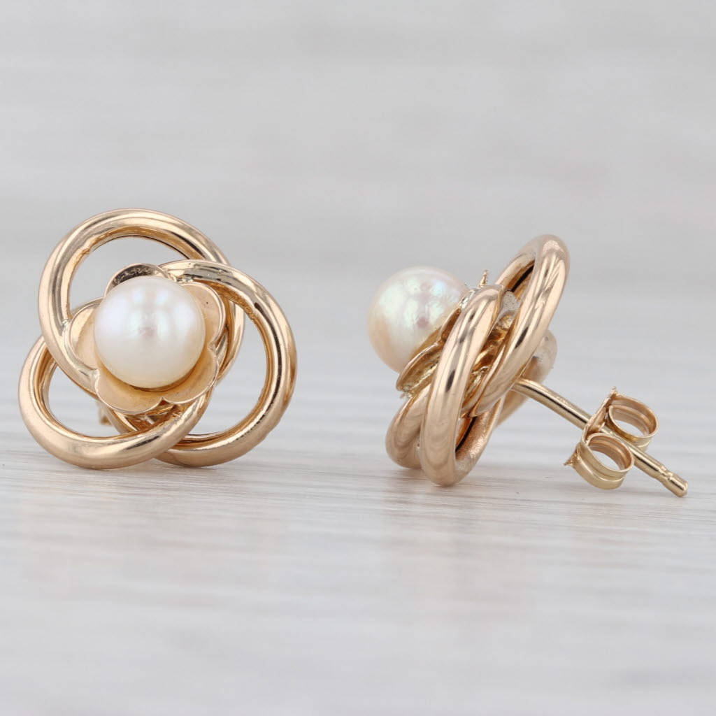 Cultured Pearl Knot Stud Earrings 14k Yellow Gold