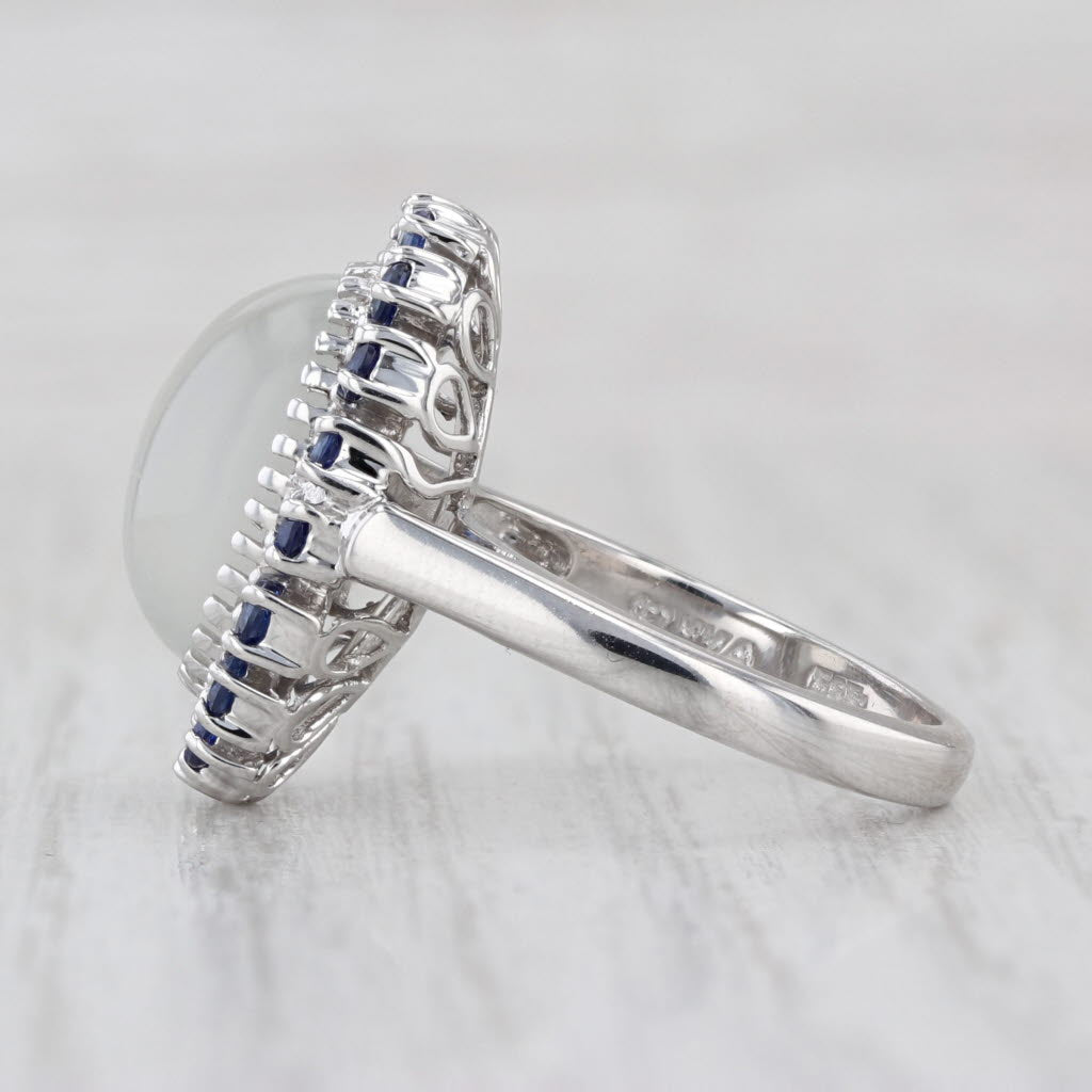 Blue Sapphire Cat's Eye Moonstone Ring 14k White Gold Size 6 Oval Cabochon