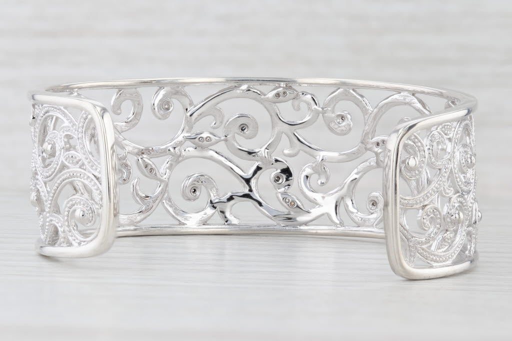 Light Gray Diamond Ornate Openwork Cuff Bracelet Sterling Silver 7" 25.8mm Statement