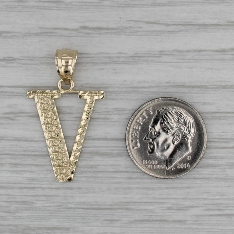 Etched Pattern Letter Initial "V" Pendant 10k Yellow Gold Drop