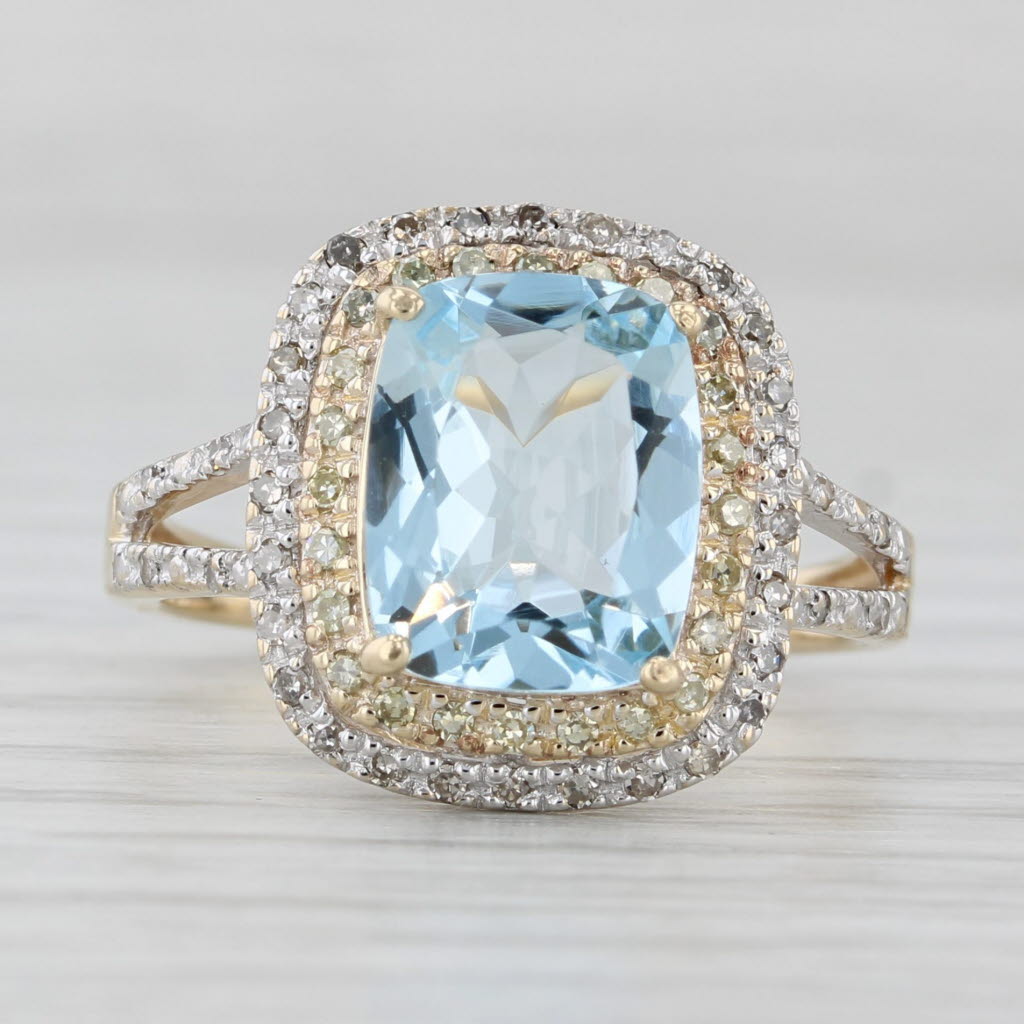 Light Gray 3.70ctw Aquamarine Diamond Halo Ring 10k Yellow Gold Size 7.25