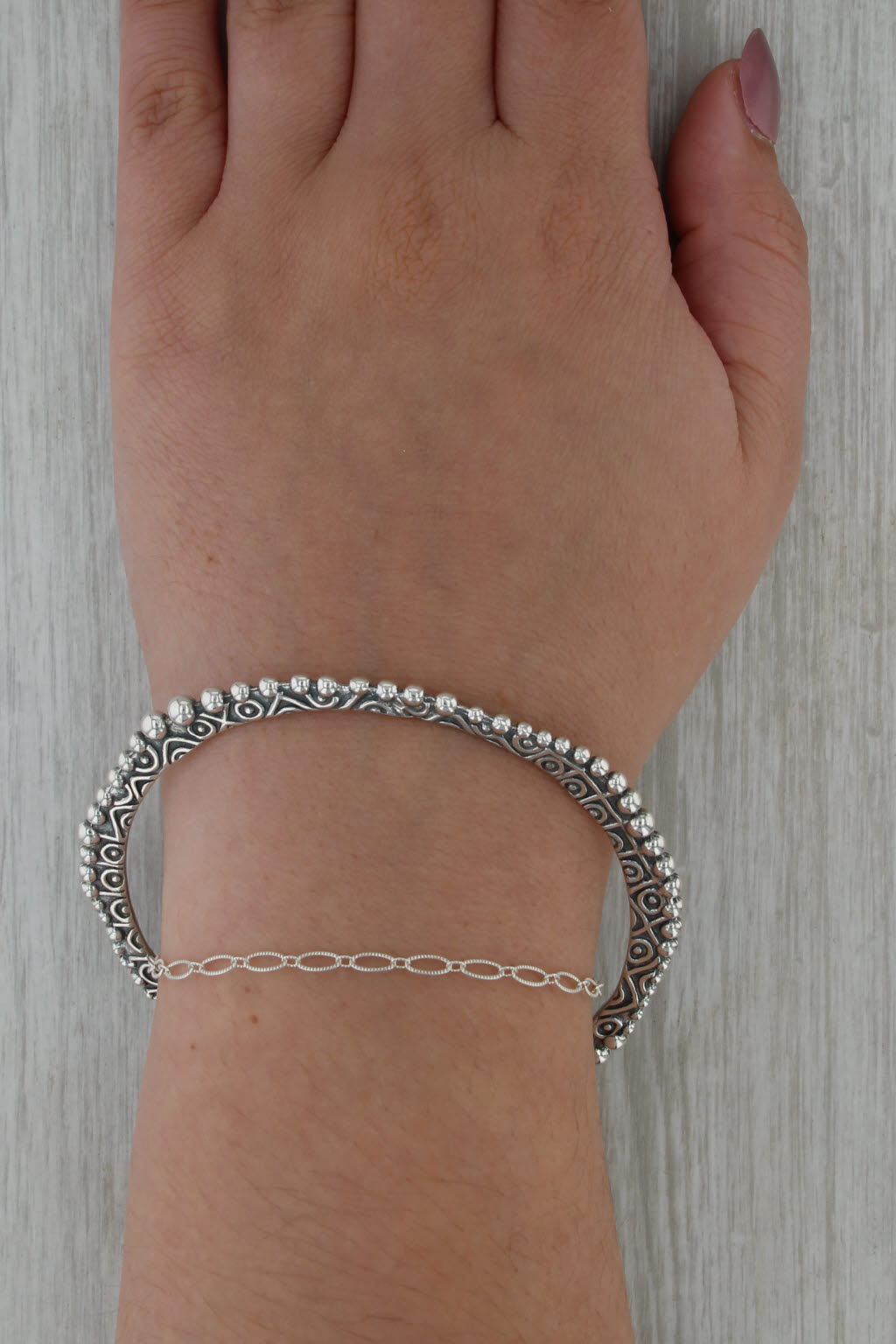 Ornate Bead Accented Bangle Bracelet Sterling Silver 8.25" 3.2mm Stackable