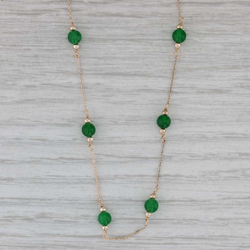 Gray 18.5" Green Quartz Bead Station Necklace 14k Yellow Gold Rope Chain