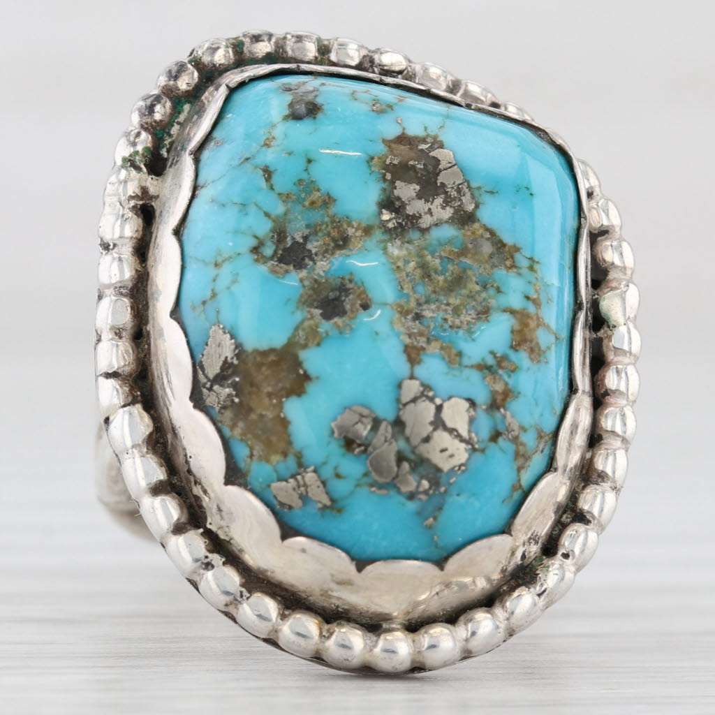 Light Gray Vintage Native American Turquoise Ring Sterling Silver Cabochon Statement Signed