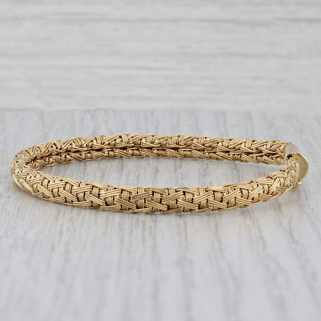 Gray 6.75"Woven Etched Pattern Bracelet 18k Yellow Gold 5mm Mesh