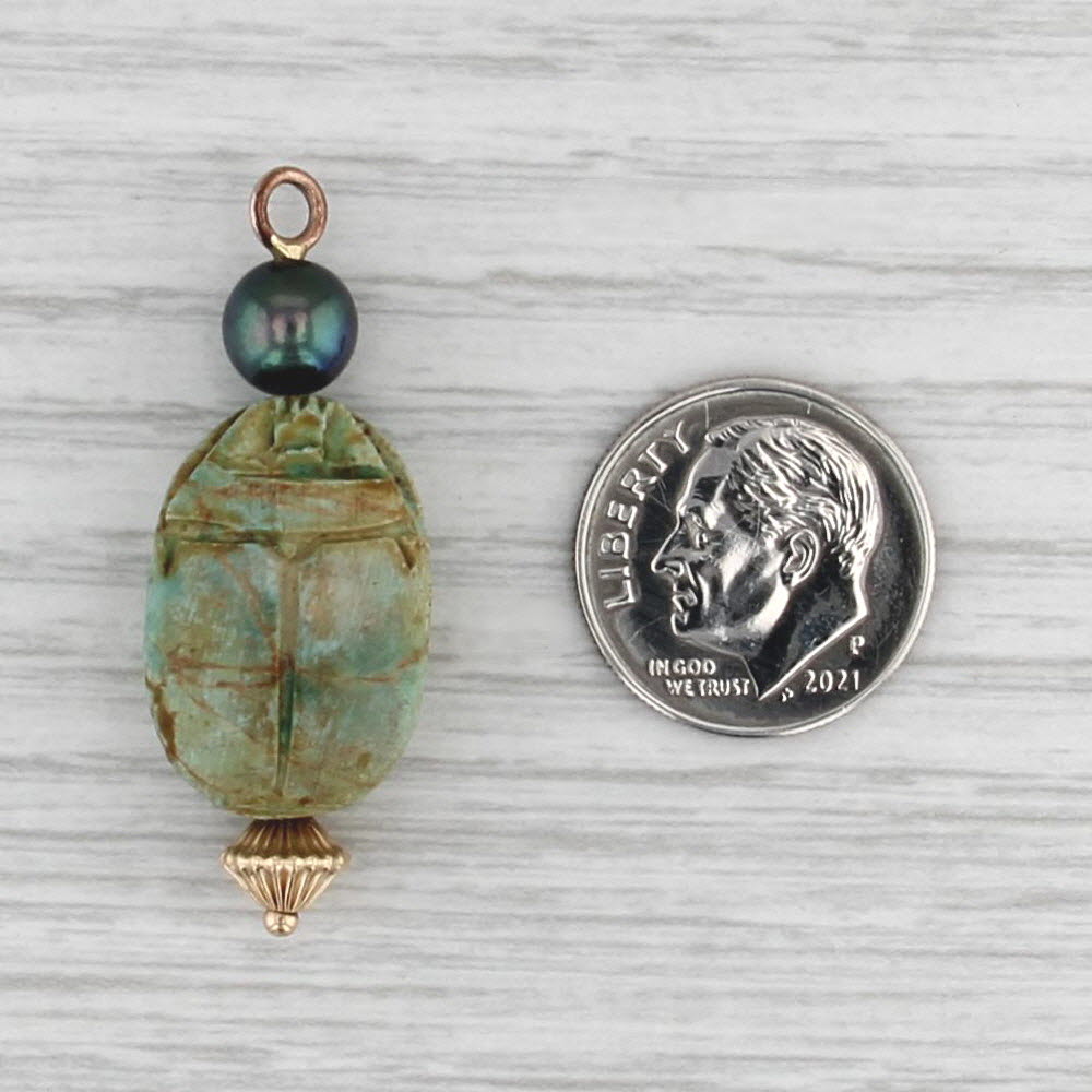 Faience Carved Scarab Black Pearl Pendant 14k Yellow Gold Charm Fob