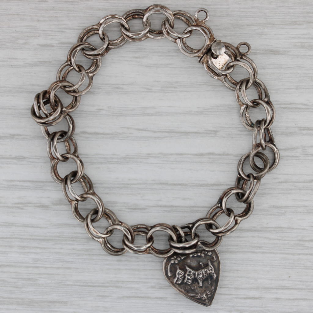 Gray Vintage Scottie Dogs Puffy Heart Charm Bracelet Sterling Silver 7" Curb Chain