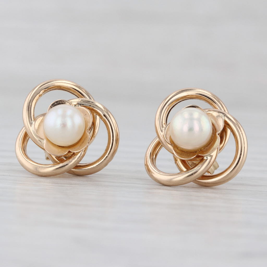 Cultured Pearl Knot Stud Earrings 14k Yellow Gold