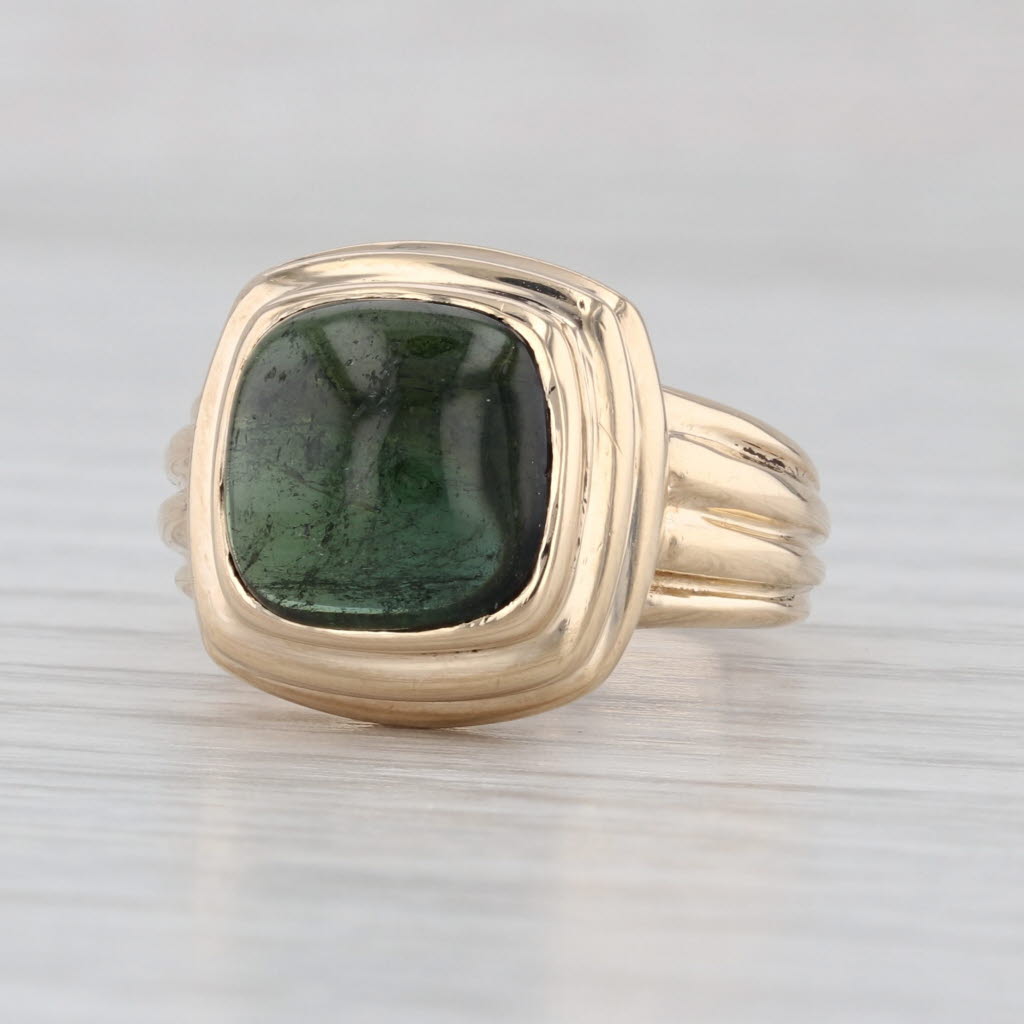 Green Tourmaline Cushion Cabochon Ring 14k Yellow Gold Size 6 Solitaire