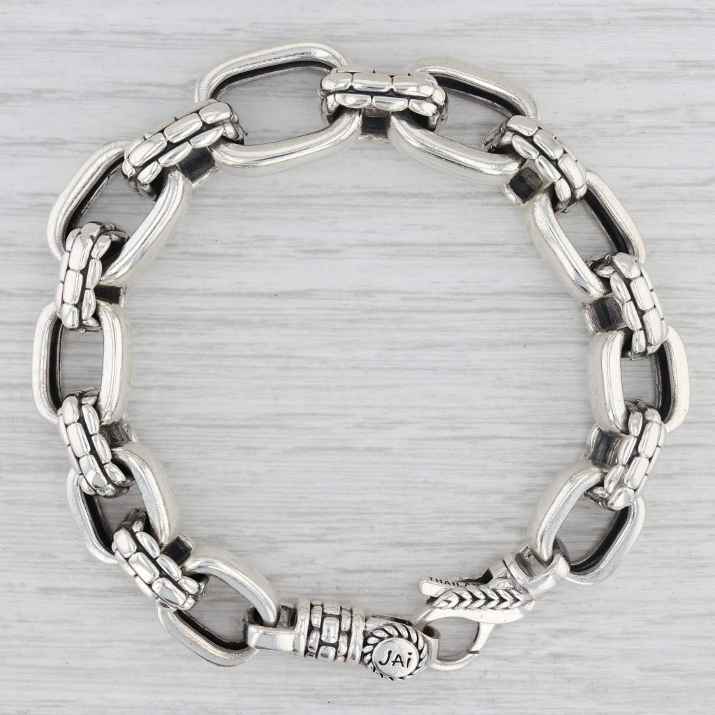 Light Gray Rectangle Link Cable Chain Bracelet Sterling Silver 7" 12mm Jai John Hardy