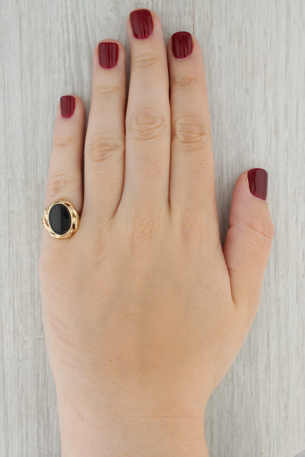 Tan Black Onyx Oval Tablet 10K Yellow Gold Statement Ring Size 6.75