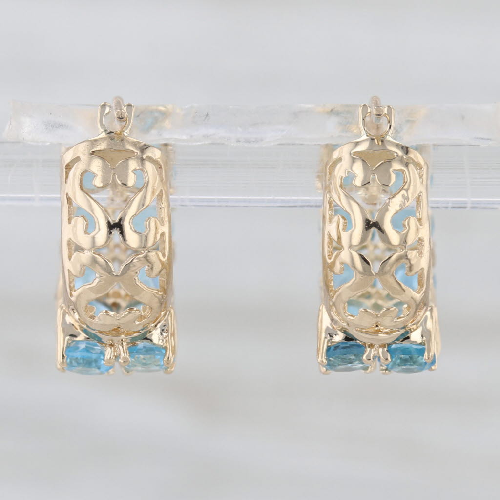 3.30ctw Blue Topaz Hoop Huggie Earrings 14k Yellow Gold Snap Top Round Hoops