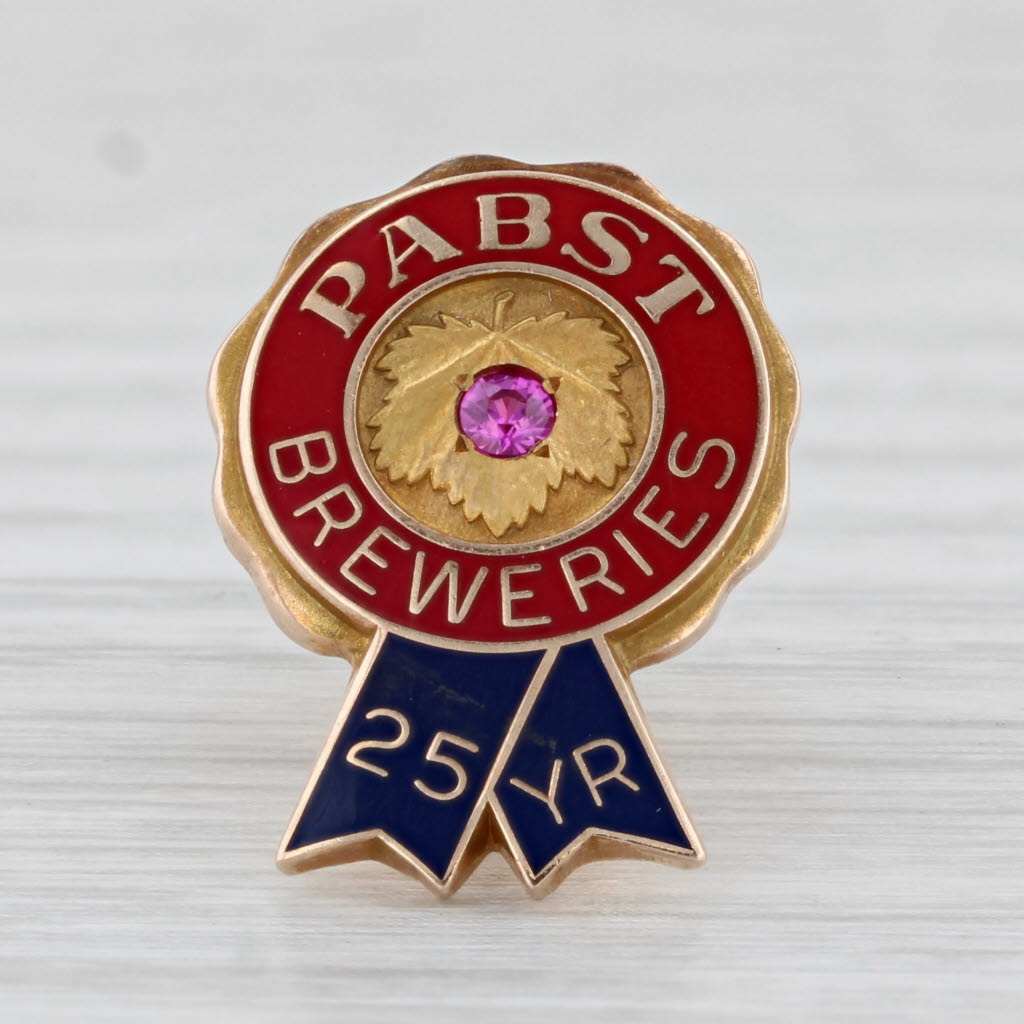 Light Gray Pabst Blue Ribbon Breweries 25 Years Service Pin 10k Gold Lab Created Ruby