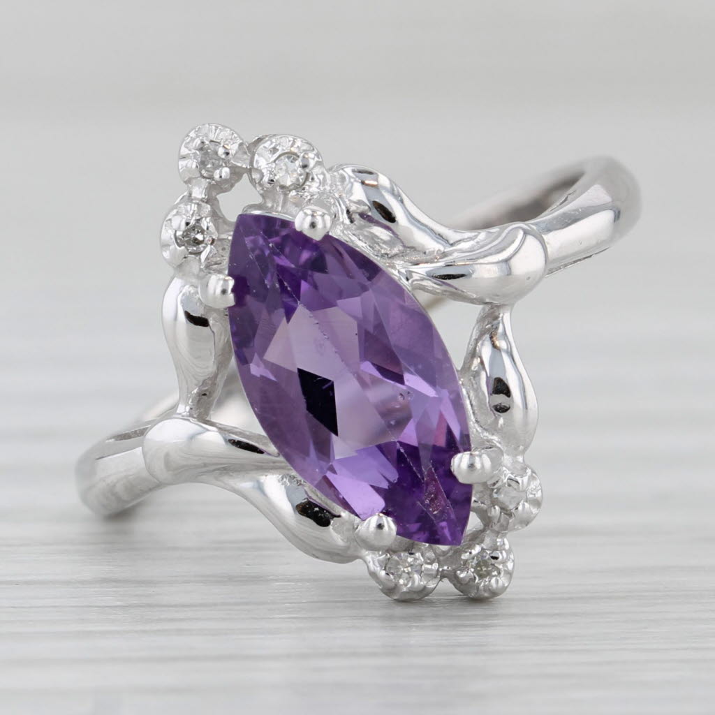 Gray 0.63ctw Marquise Amethyst Diamond Ring 10k White Gold Size 7