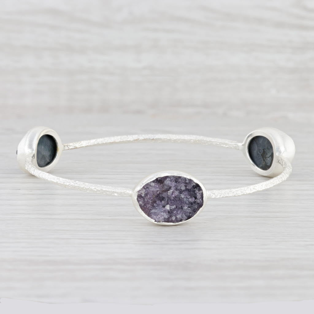 New Nina Nguyen Amethyst Druzy Bangle Bracelet Sterling Silver 8.5” Statement