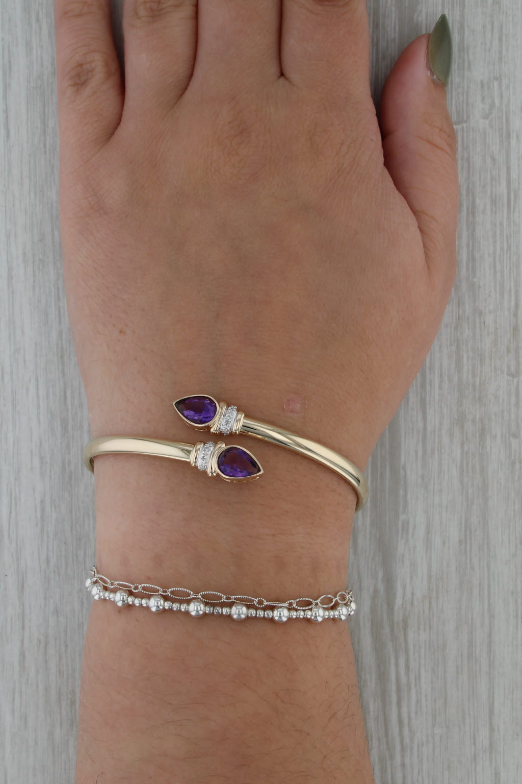 2.64ctw Pear Amethyst Diamond Bypass Bangle Bracelet 14k Yellow Gold Flexible