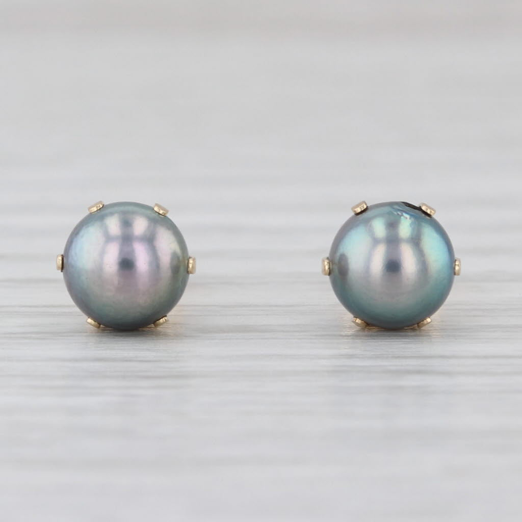 6.4mm Black Cultured Pearl Solitaire Stud Earrings 14k Yellow Gold Studs
