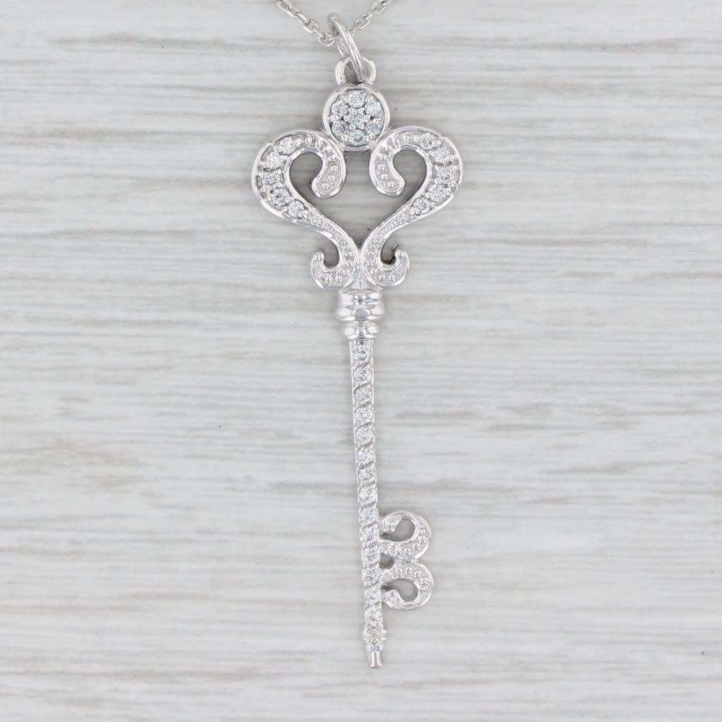 Light Gray New 0.30ctw Diamond Skeleton Key Pendant Necklace 14k White Gold 18" Cable Chain