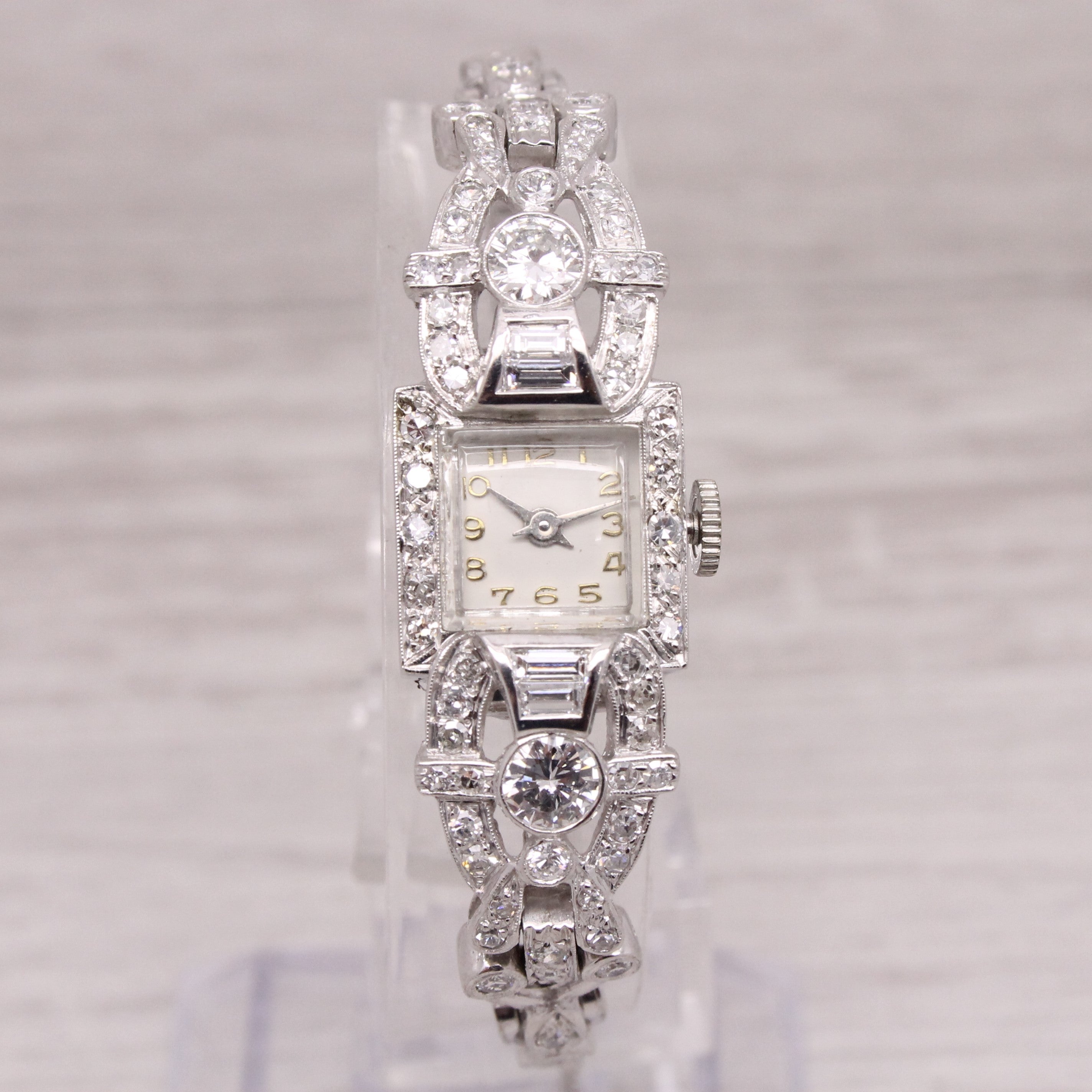 Gray Vintage Ladies Platinum & 14k Gold Diamond Deco Cocktail Dress Watch 1.60ctw