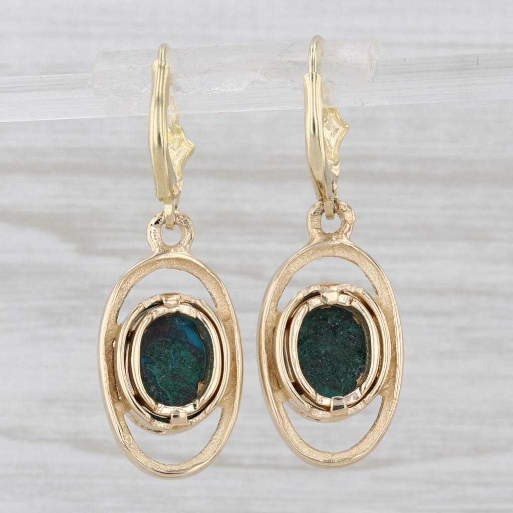 Blue Green Eilat Stone Dangle Earrings 14k Yellow Gold Lever Backs